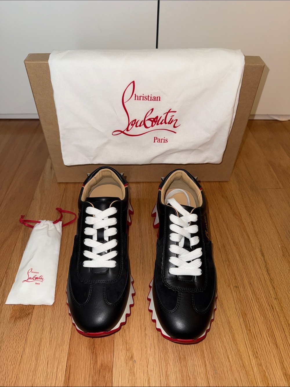NEW Christian Louboutin Black Leather Womens Low-Top Sneakers with Red Outsole - Picture 2 of 7